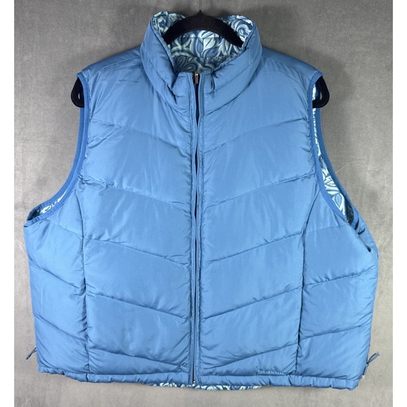 LL Bean Womens Puffer Vest Blue Size 2x Reversible GOOSE Down Floral Pattern - Picture 1 of 8